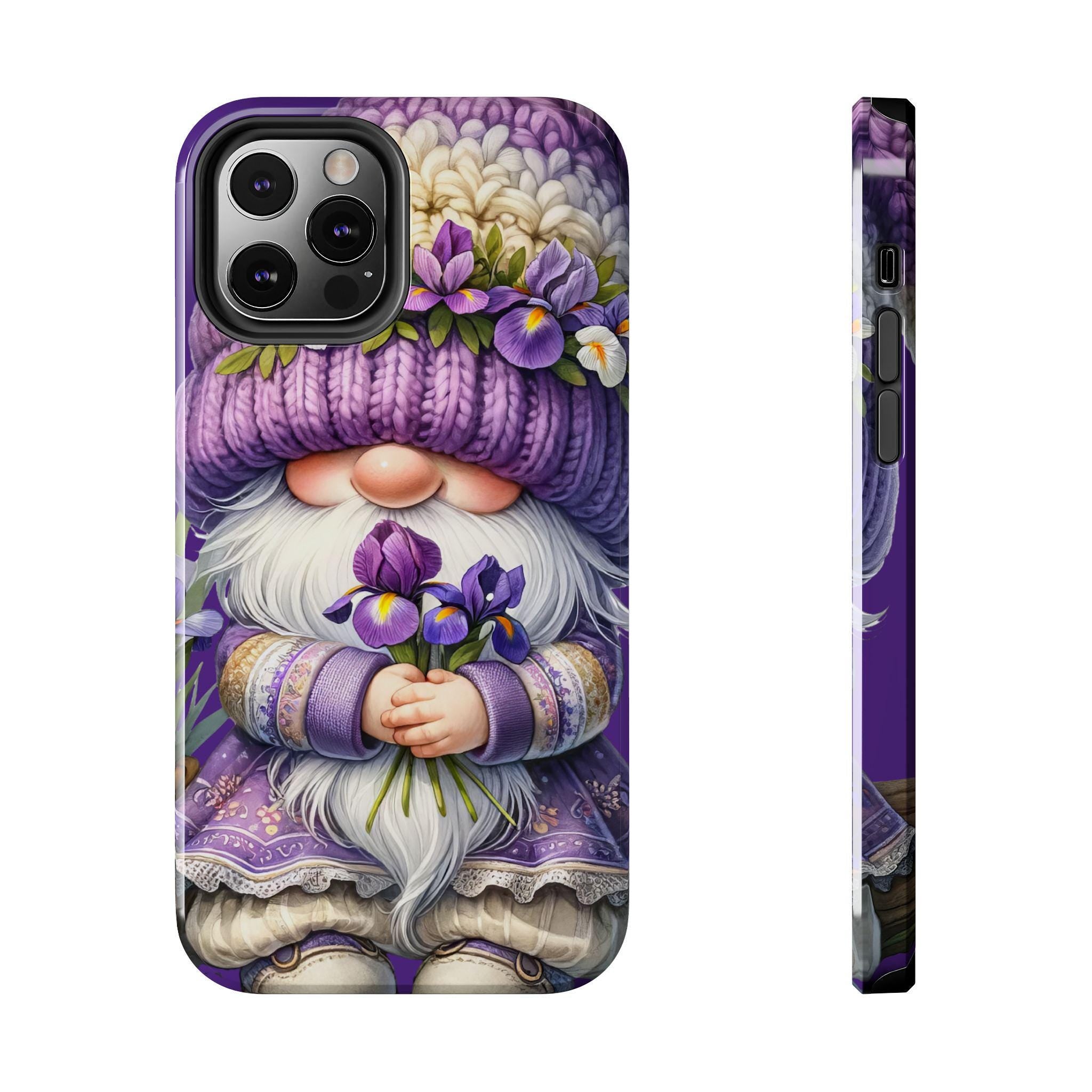 a phone case with a whimsical design of a gnome holding flowers.