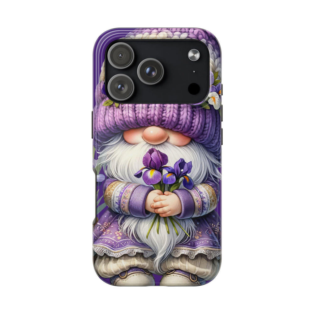 a phone case with a gnome-like character holding a bouquet of purple flowers.