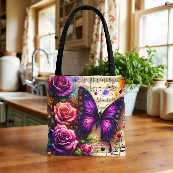 Roses Butterfly Music Tote Bag • Floral Canvas Shoulder Bag