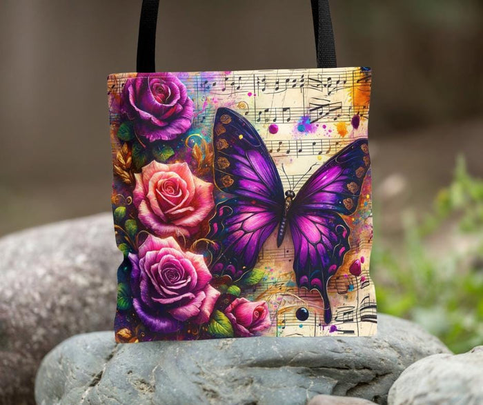 Roses Butterfly Music Tote Bag • Floral Canvas Shoulder Bag