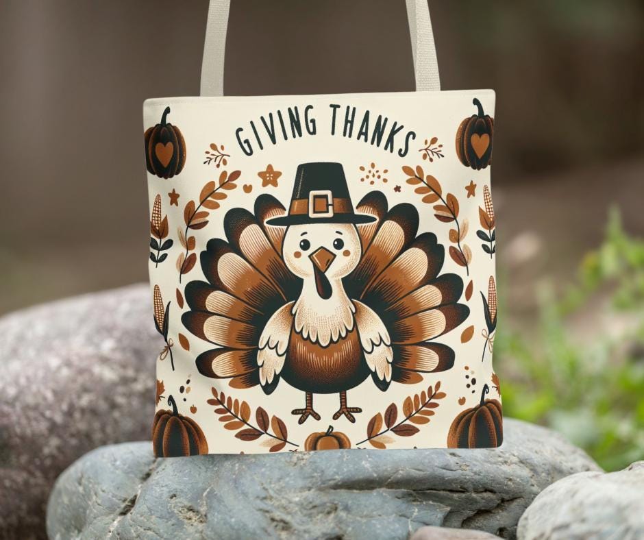 Thanksgiving Tote Bag: Turkey Design, Fall Colors, Bookish Tote Bag, Cute Tote Bags, Floral Gift Bag