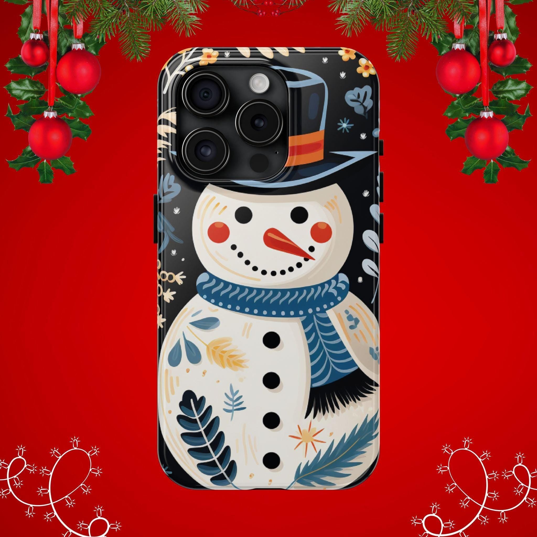 Festive Snowman Phone Case, Christmas Holiday Phone Cover For iPhone And Samsung, Impact Resistant Case, Inner Rubber Lining Cover