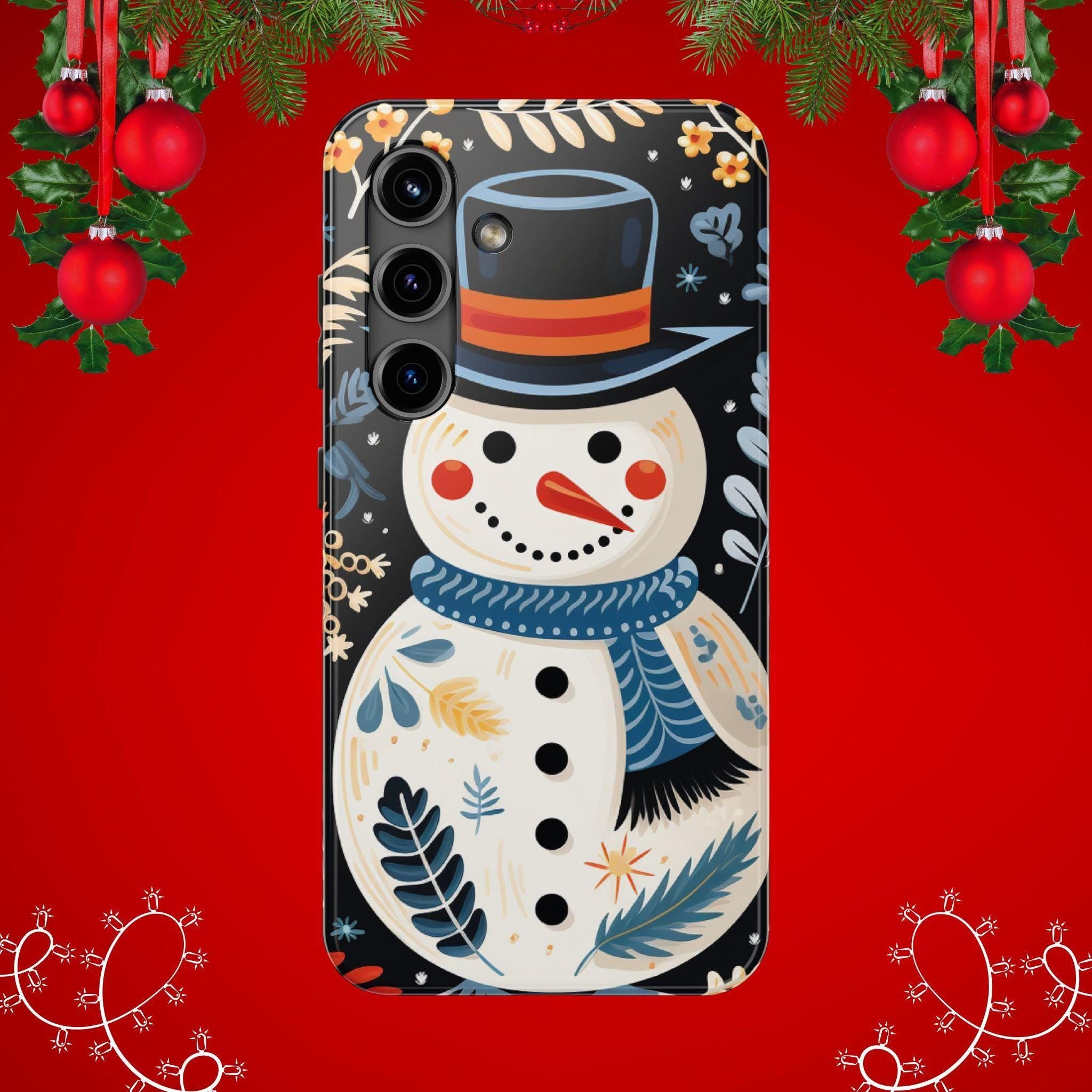 Festive Snowman Phone Case, Christmas Holiday Phone Cover For iPhone And Samsung, Impact Resistant Case, Inner Rubber Lining Cover
