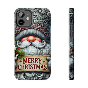 Merry Christmas Holiday Gnome Tough Phone Case For iPhone and Samsung, Impact Resistant Silver and Gray Gnome Holiday Phone Case
