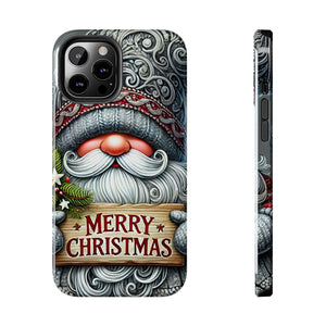Merry Christmas Holiday Gnome Tough Phone Case For iPhone and Samsung, Impact Resistant Silver and Gray Gnome Holiday Phone Case