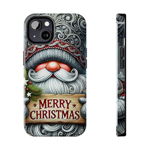 Merry Christmas Holiday Gnome Tough Phone Case For iPhone and Samsung, Impact Resistant Silver and Gray Gnome Holiday Phone Case