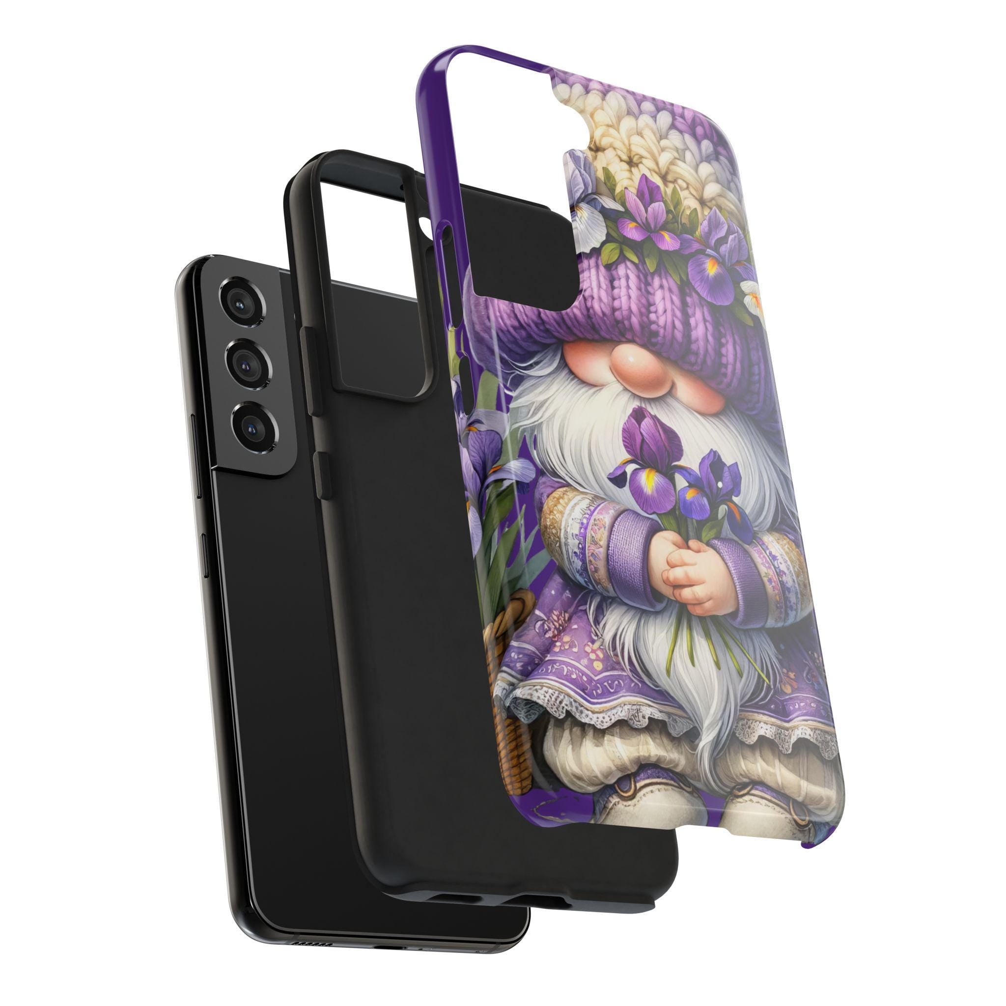 a phone case with a colorful, whimsical design depicting a gnome holding flowers.
