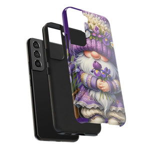 a phone case with a colorful, whimsical design depicting a gnome holding flowers.