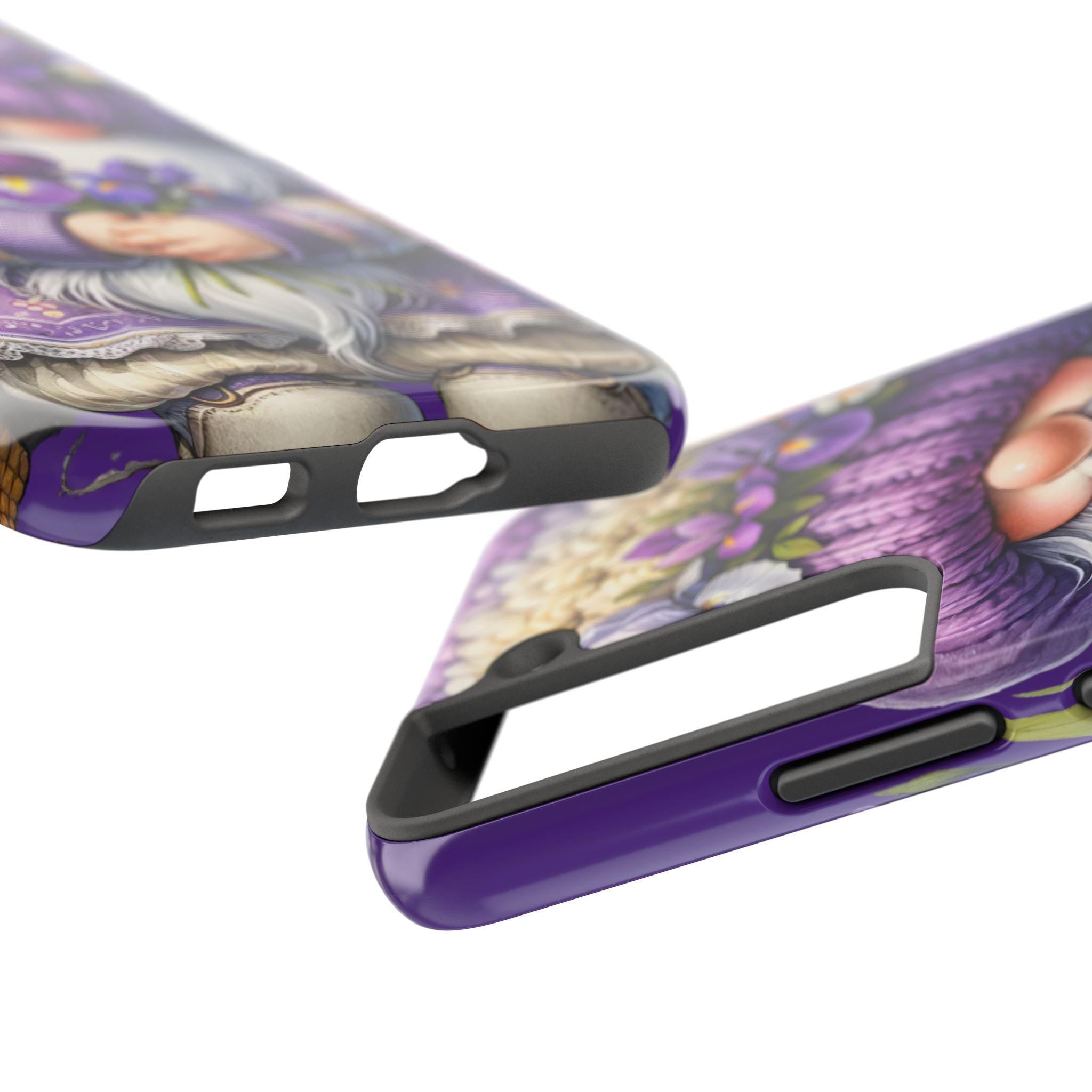 a phone case with a purple and white floral design.