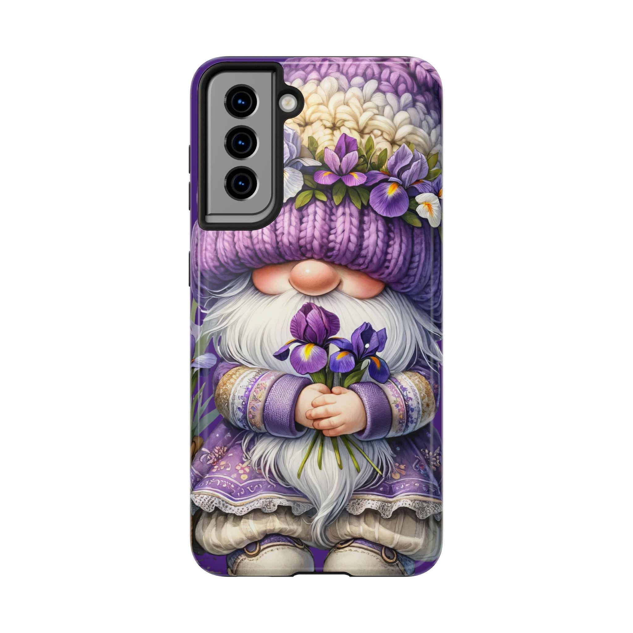 a phone case with a whimsical design of a gnome holding flowers and wearing a purple hat.