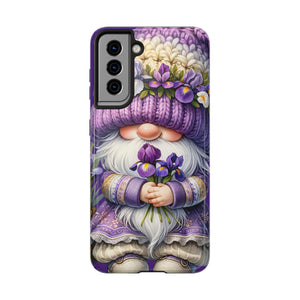 a phone case with a whimsical design of a gnome holding flowers and wearing a purple hat.