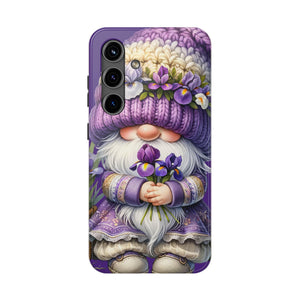 a phone case with a whimsical design of a gnome wearing a purple hat and holding a bouquet of purple flowers.
