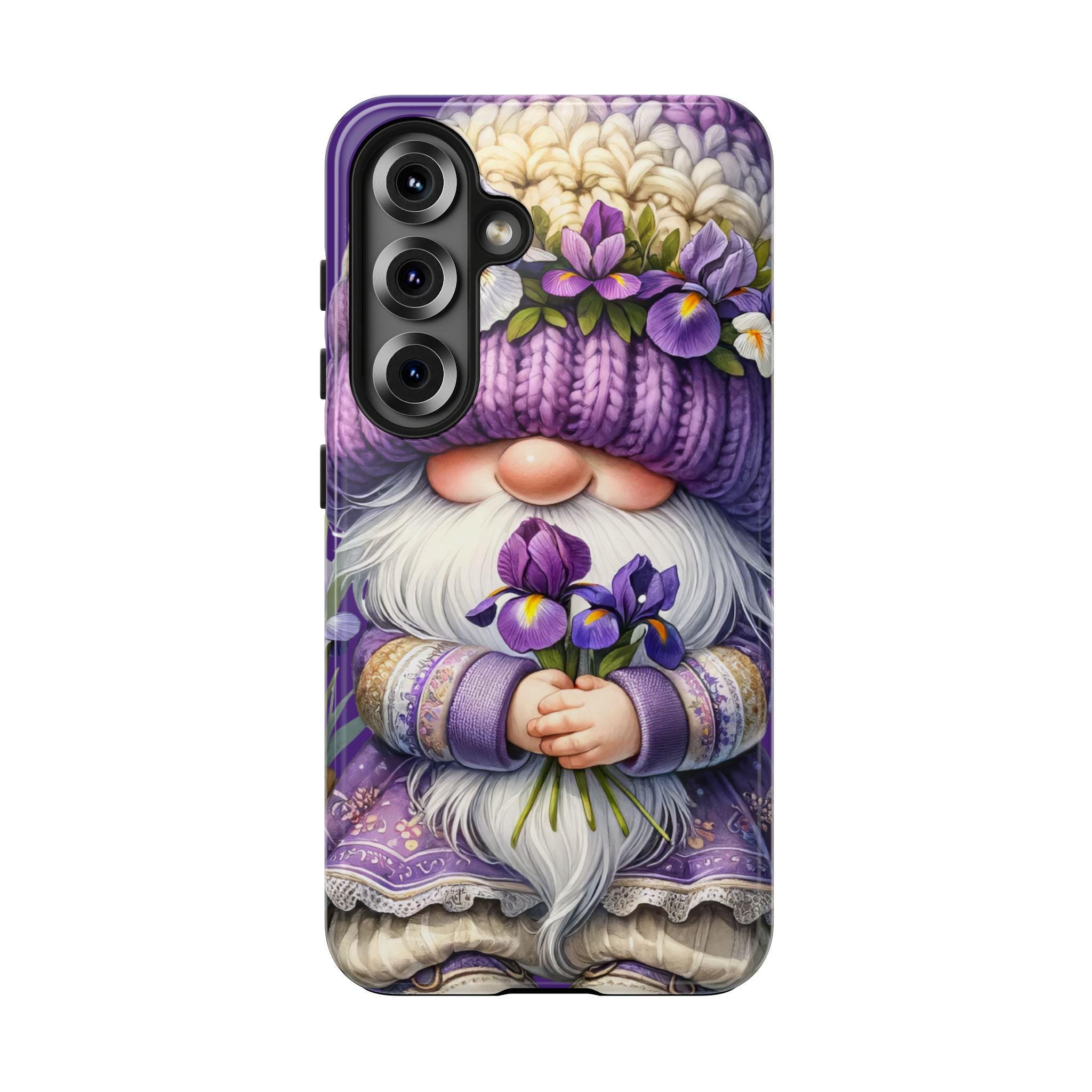 a phone case with a whimsical design of a gnome holding a bouquet of purple flowers.