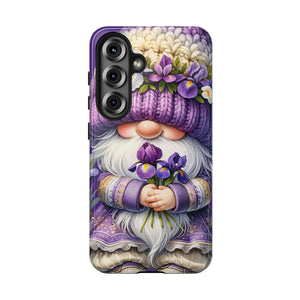 a phone case with a whimsical design of a gnome holding a bouquet of purple flowers.