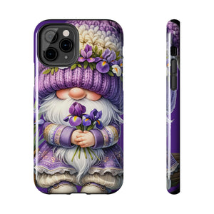 a phone case with a whimsical design of a gnome holding flowers.