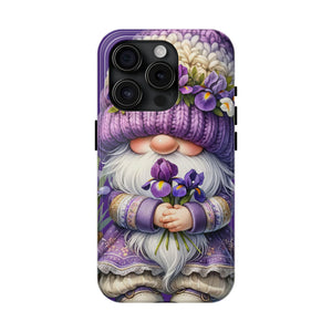 a phone case with a whimsical design of a gnome holding flowers.