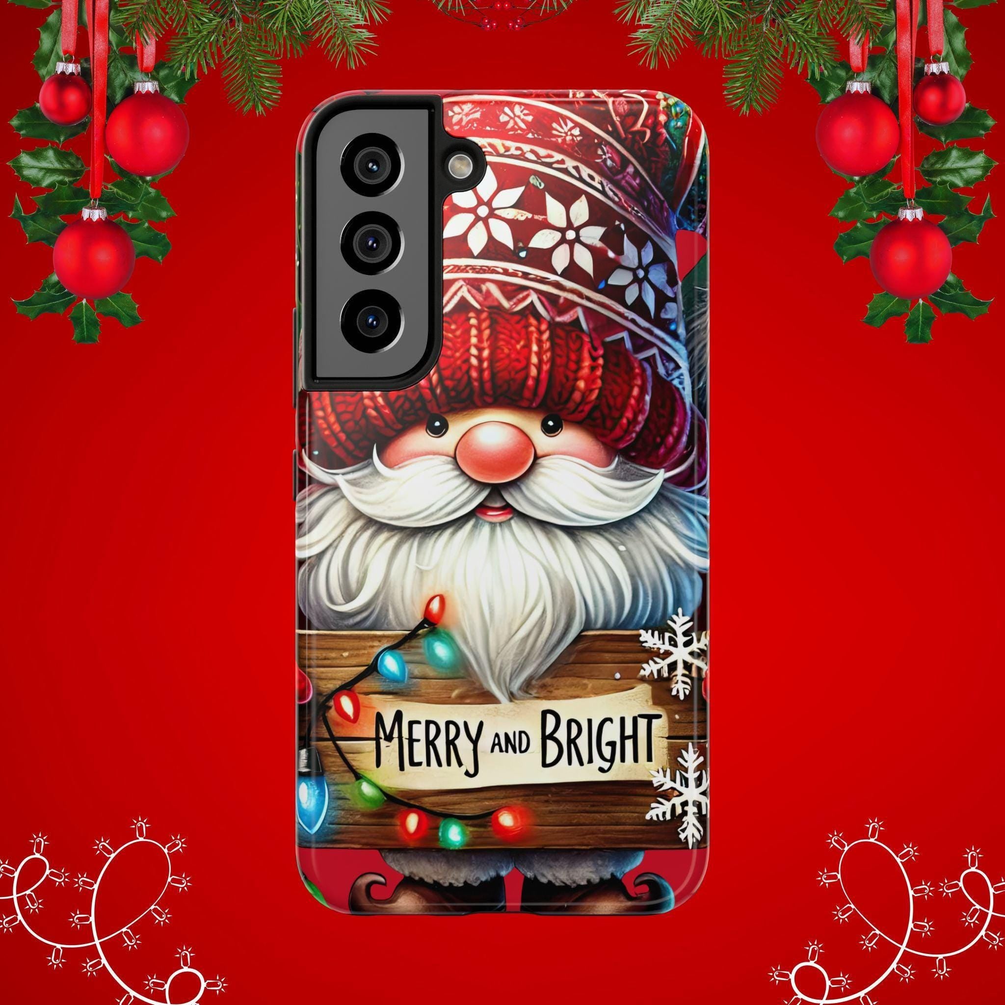 Christmas Gnome Phone Case For Samsung and iPhone, Holiday Phone Covers, Merry & Bright Christmas Design Case