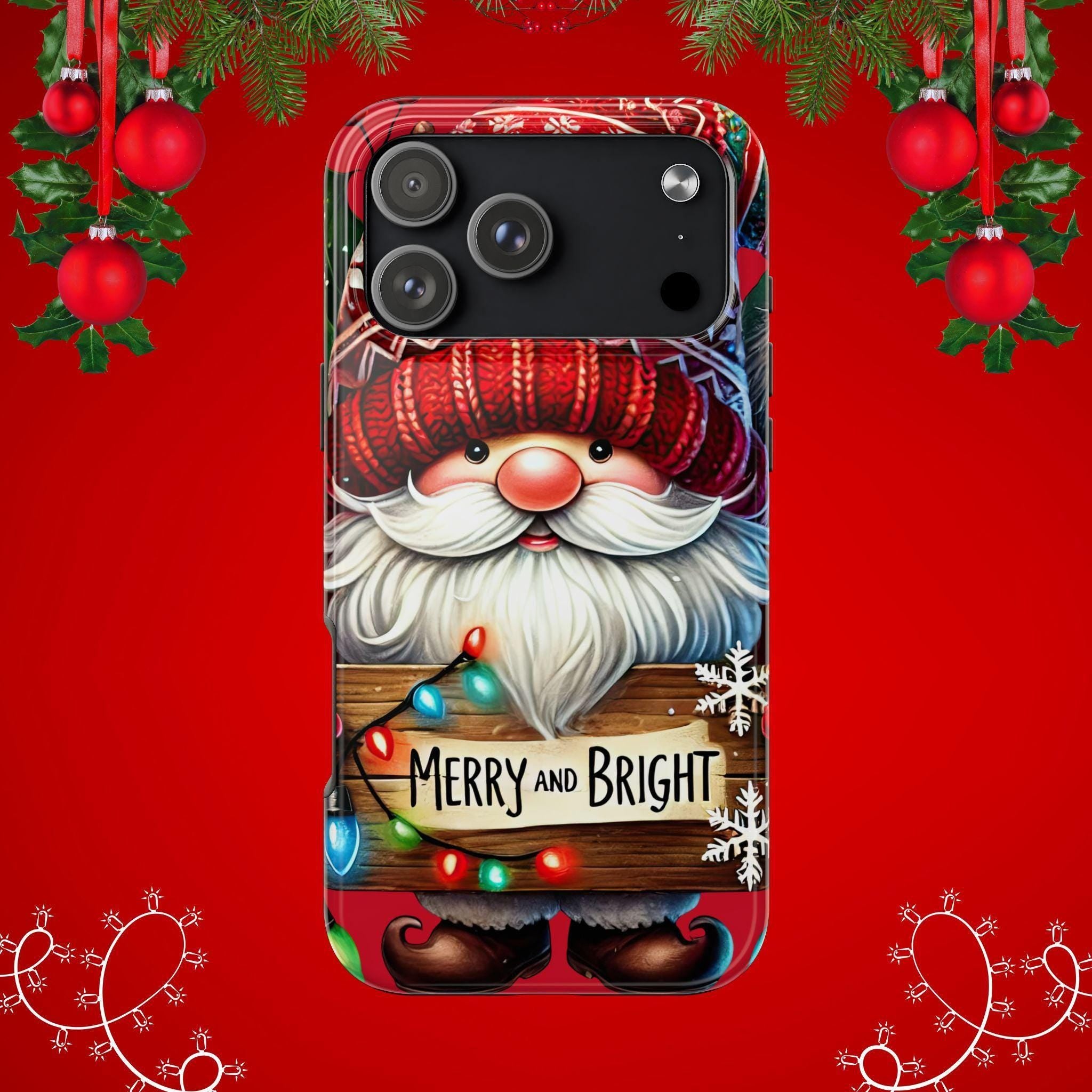 Christmas Gnome Phone Case For Samsung and iPhone, Holiday Phone Covers, Merry & Bright Christmas Design Case