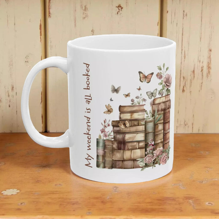 My Weekend Is All Booked Mug — Cozy Floral Book Lover Ceramic Coffee Cup
