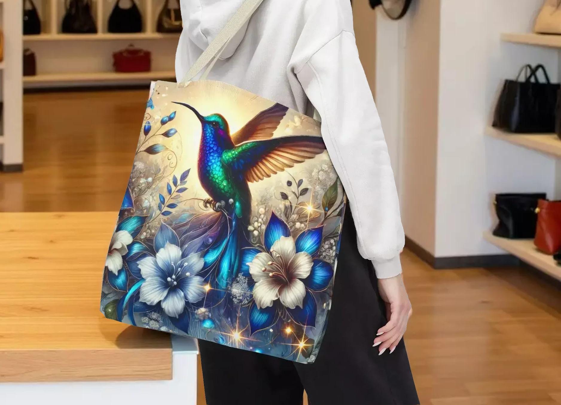 Hummingbird Floral Tote Bag — Vibrant Blue Bird & Blossoms - Zestily