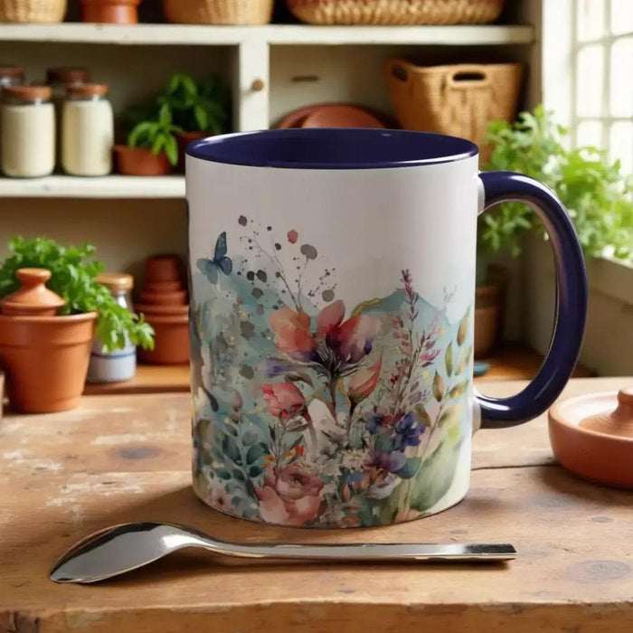 Floral Butterfly Coffee Mug • Navy Blue Botanical Nature Lover Cup