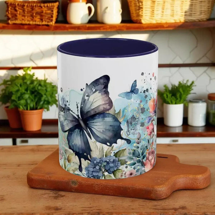 Floral Butterfly Coffee Mug • Navy Blue Botanical Nature Lover Cup