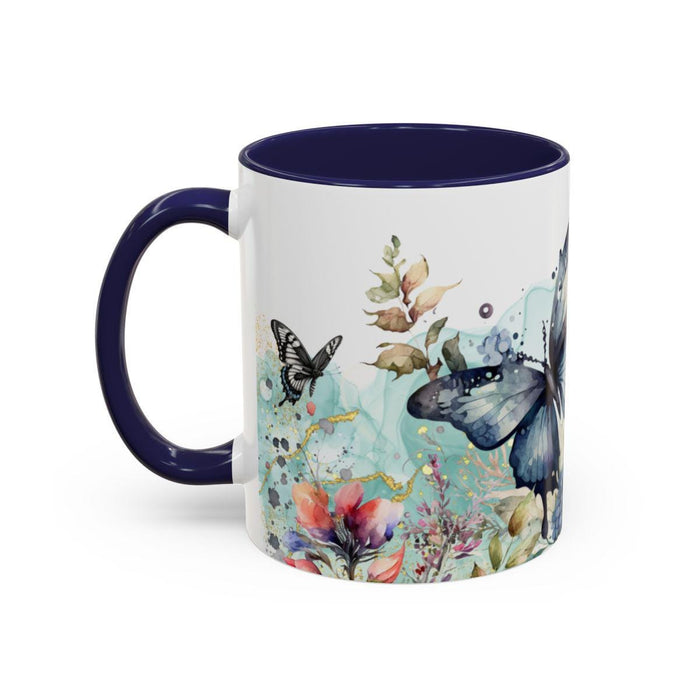 Floral Butterfly Coffee Mug • Navy Blue Botanical Nature Lover Cup