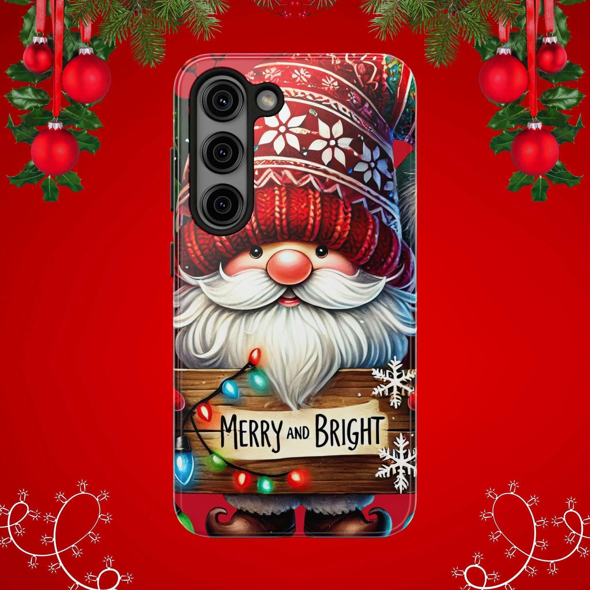 Christmas Gnome Phone Case For Samsung and iPhone, Holiday Phone Covers, Merry & Bright Christmas Design Case