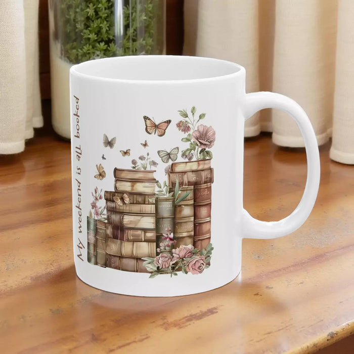 My Weekend Is All Booked Mug — Cozy Floral Book Lover Ceramic Coffee Cup