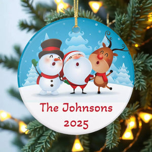 A snowman, Santa Claus, and a reindeer are depicted in a snowy winter scene, with the text "The Johnsons" and "2025" below the image.