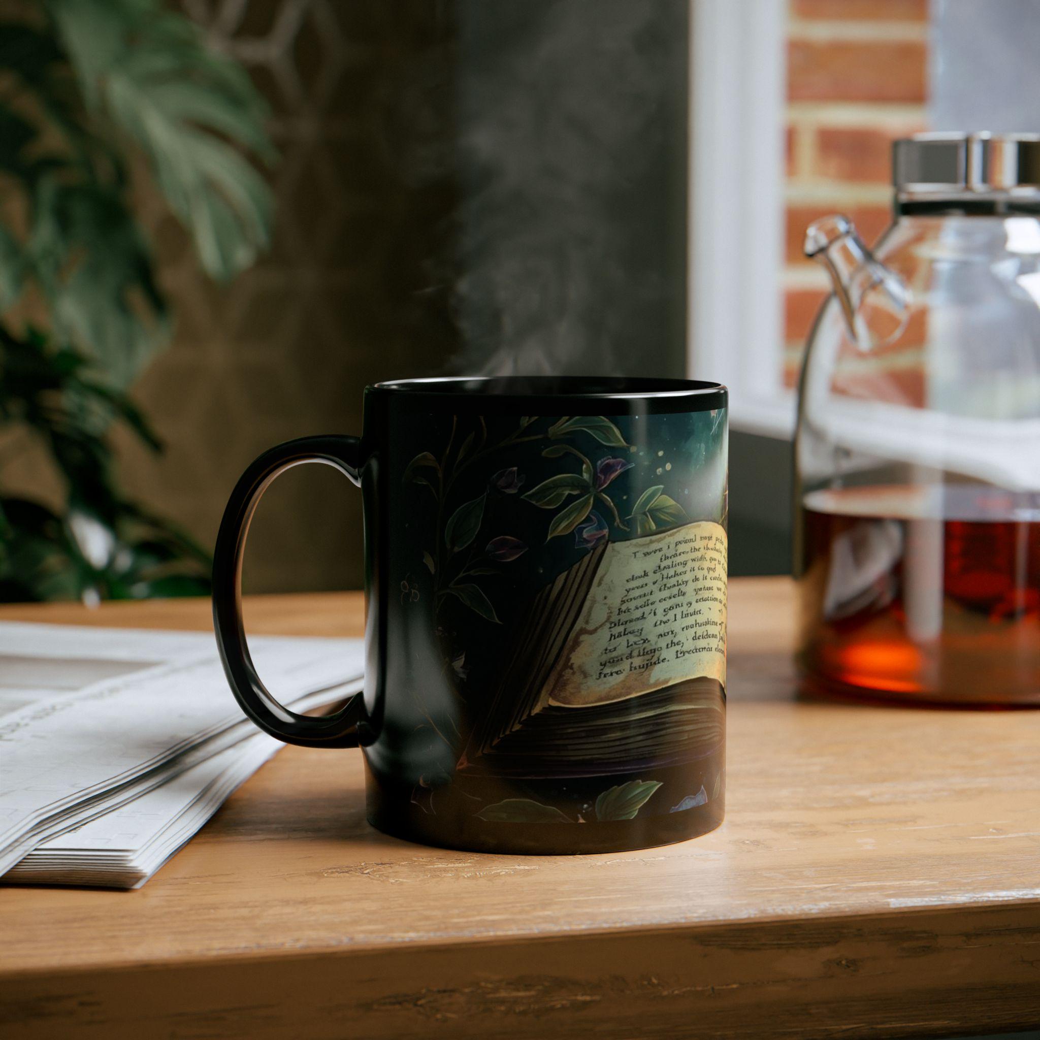 A black mug with a floral design sits on a wooden surface, with a glass kettle and a stack of papers nearby.