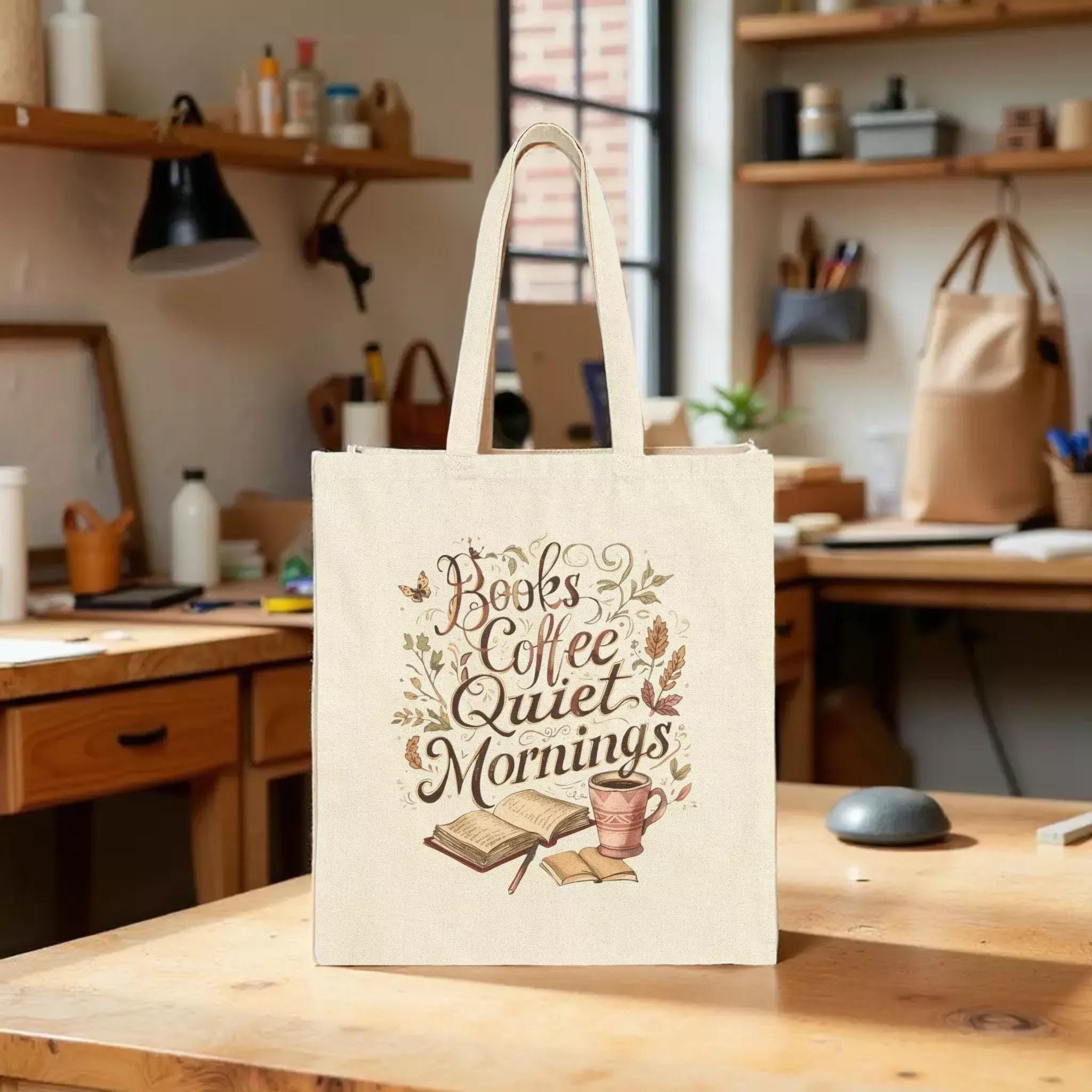 Books, Coffee & Quiet Mornings Tote Bag — Personalized Cotton Canvas Book Lover Gift Set Incudes Mug
