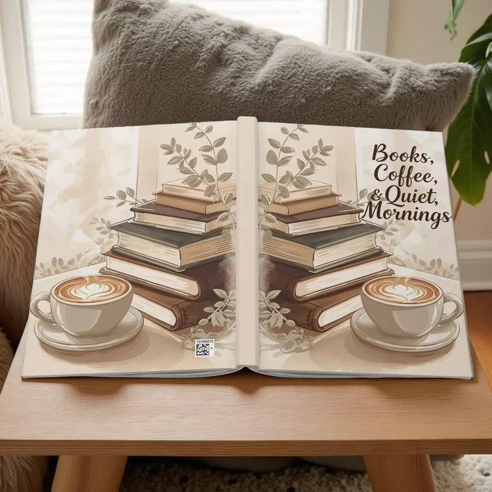 The image is a book cover with a stack of books, a cup of coffee, and a plant.