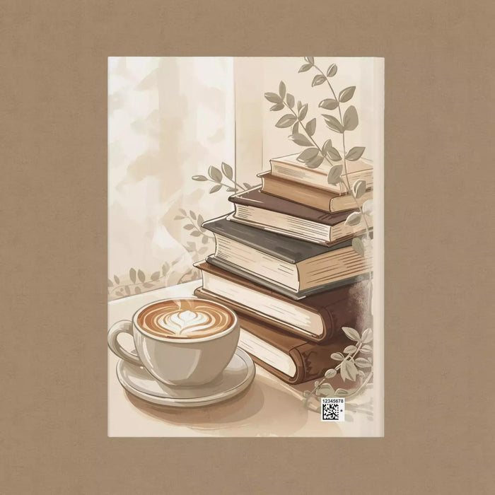 The image is a book cover with a stack of books, a cup of coffee, and a plant.