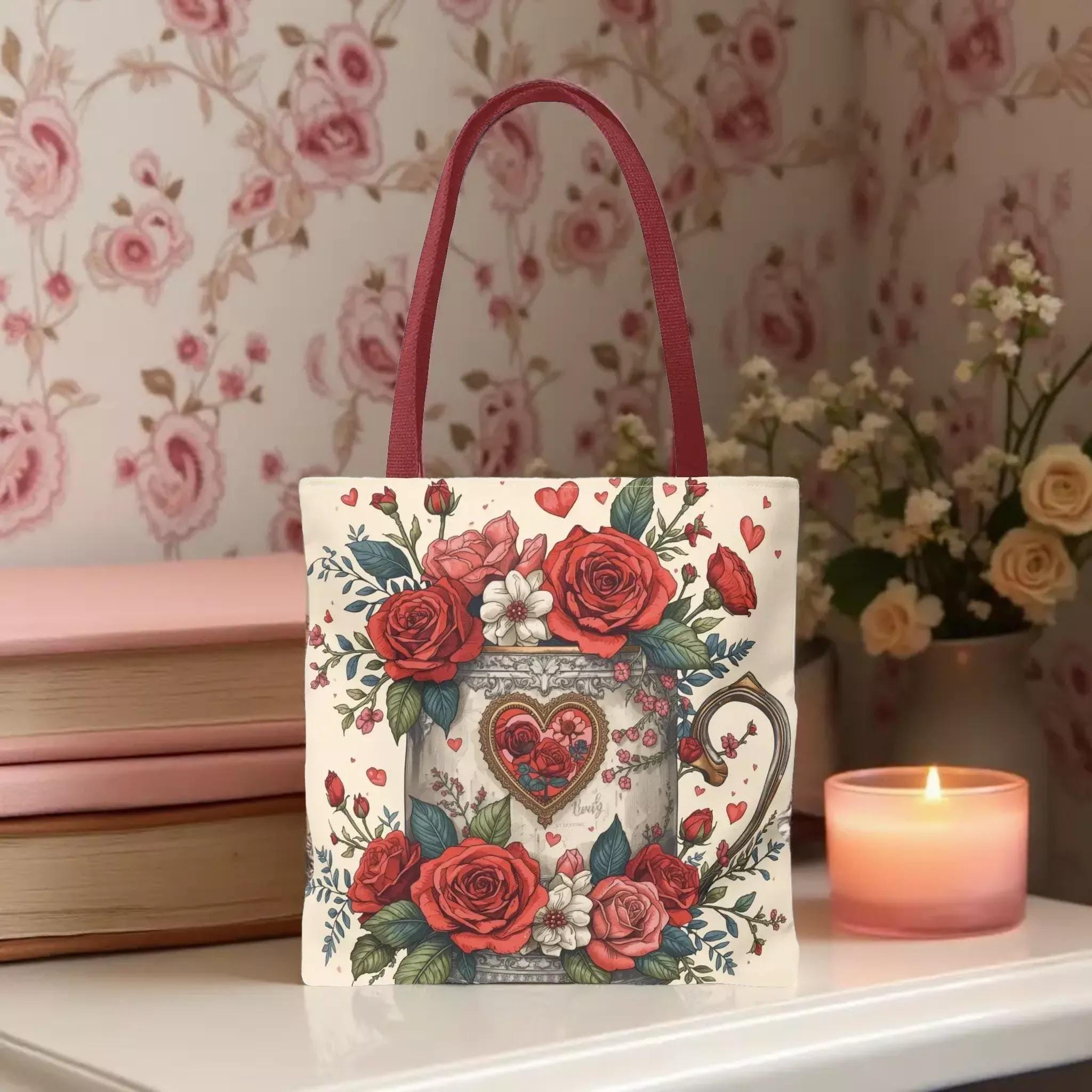 Floral Heart Mug Tote Bag – Vintage Rose Valentine Book Lover Shopping Carryall - Zestily