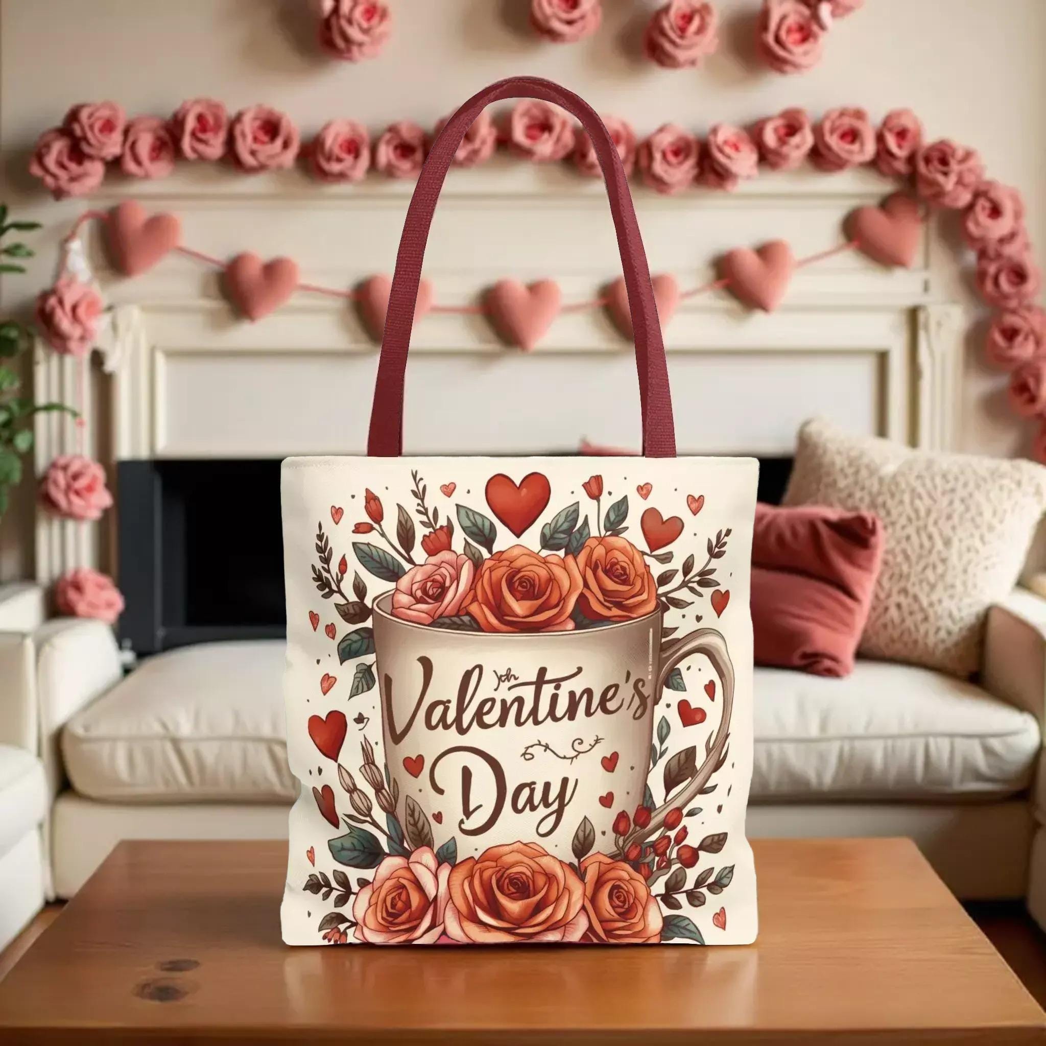 Valentine's Day Floral Mug Tote Bag Book Lover Shopping Carryall Three Sizes - Zestily