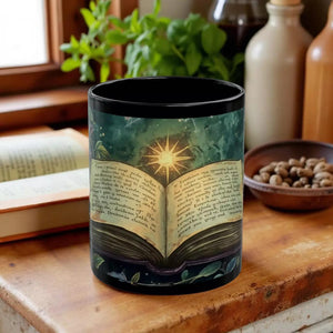 A black mug with an open book design on it, featuring a sunburst in the center and text on the pages.