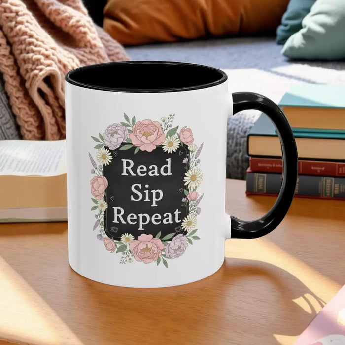 Read Sip Repeat Floral Accent Book Lover Reader Coffee Mug (11/15oz)