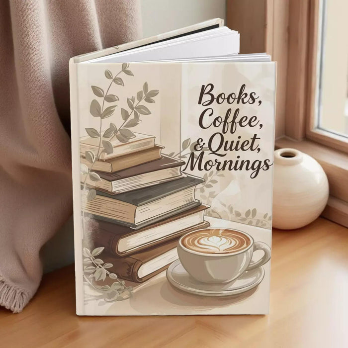 The image is a book cover with a stack of books, a cup of coffee, and a plant.