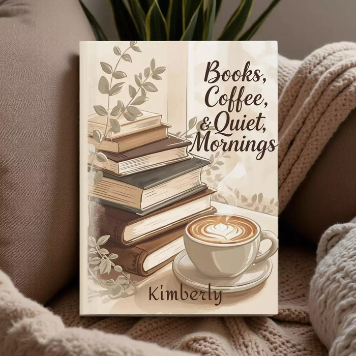 The image is a book cover with a stack of books, a cup of coffee, and a plant.