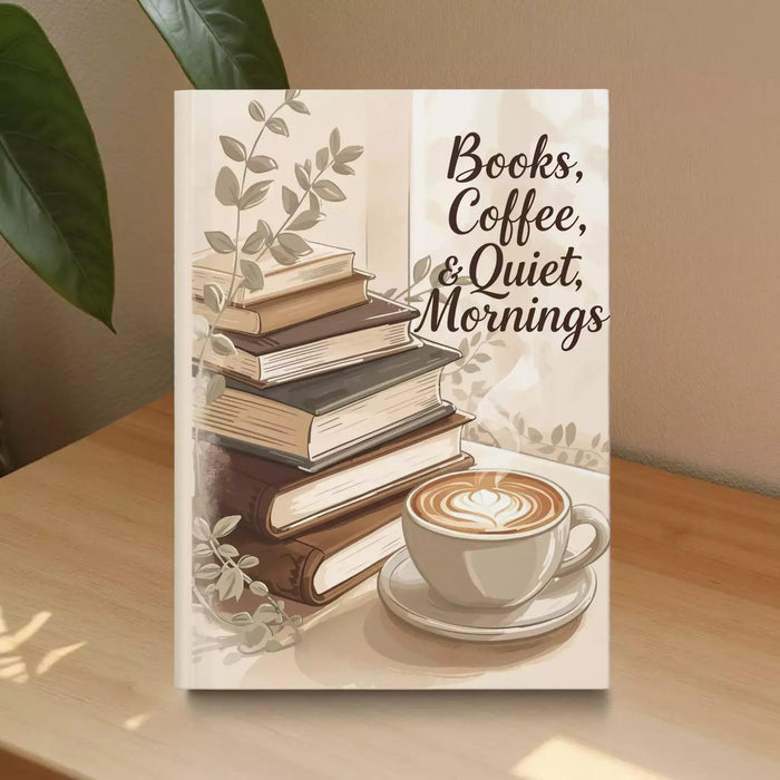 The image is a book cover with a stack of books, a cup of coffee, and a plant.