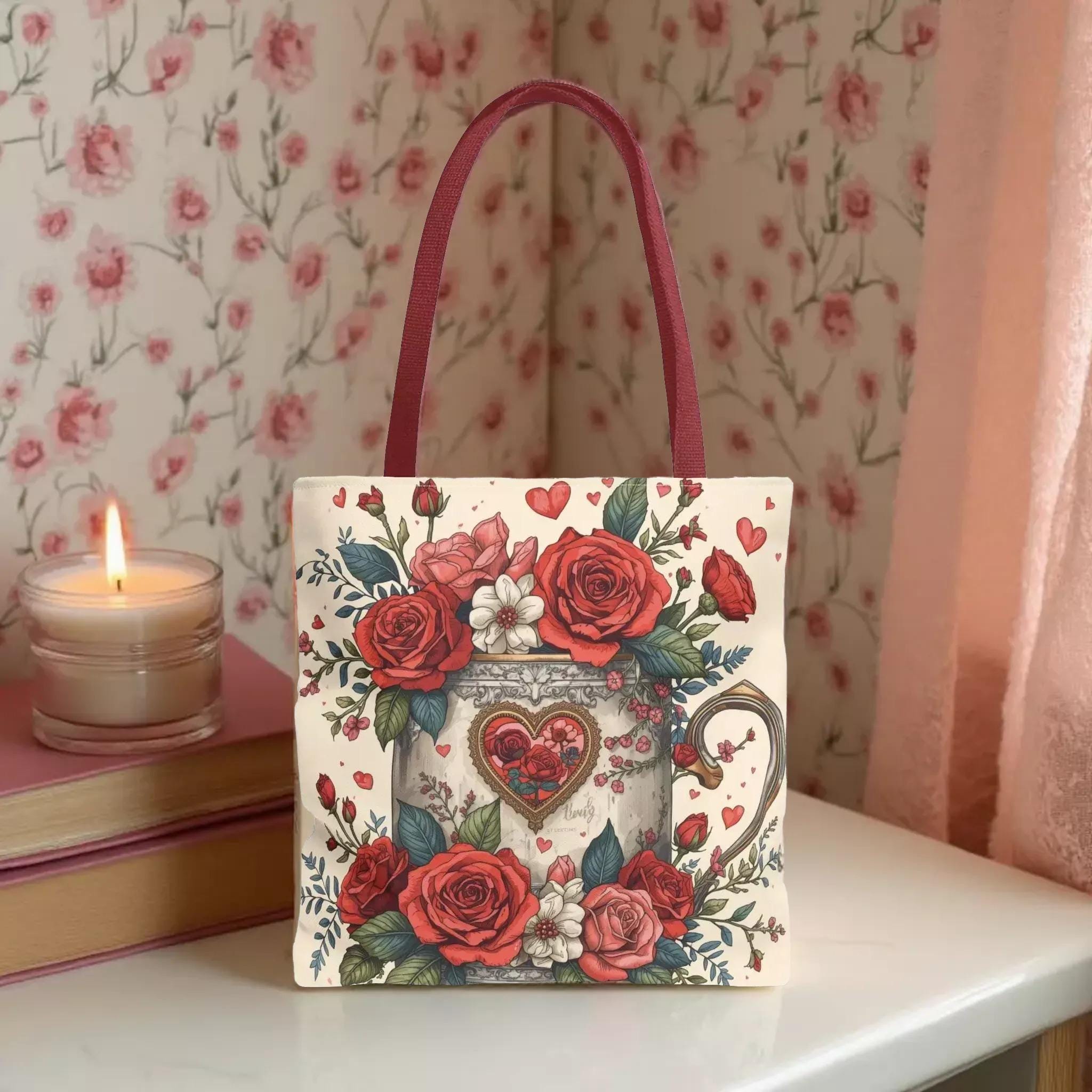 Floral Heart Mug Tote Bag – Vintage Rose Valentine Book Lover Shopping Carryall - Zestily