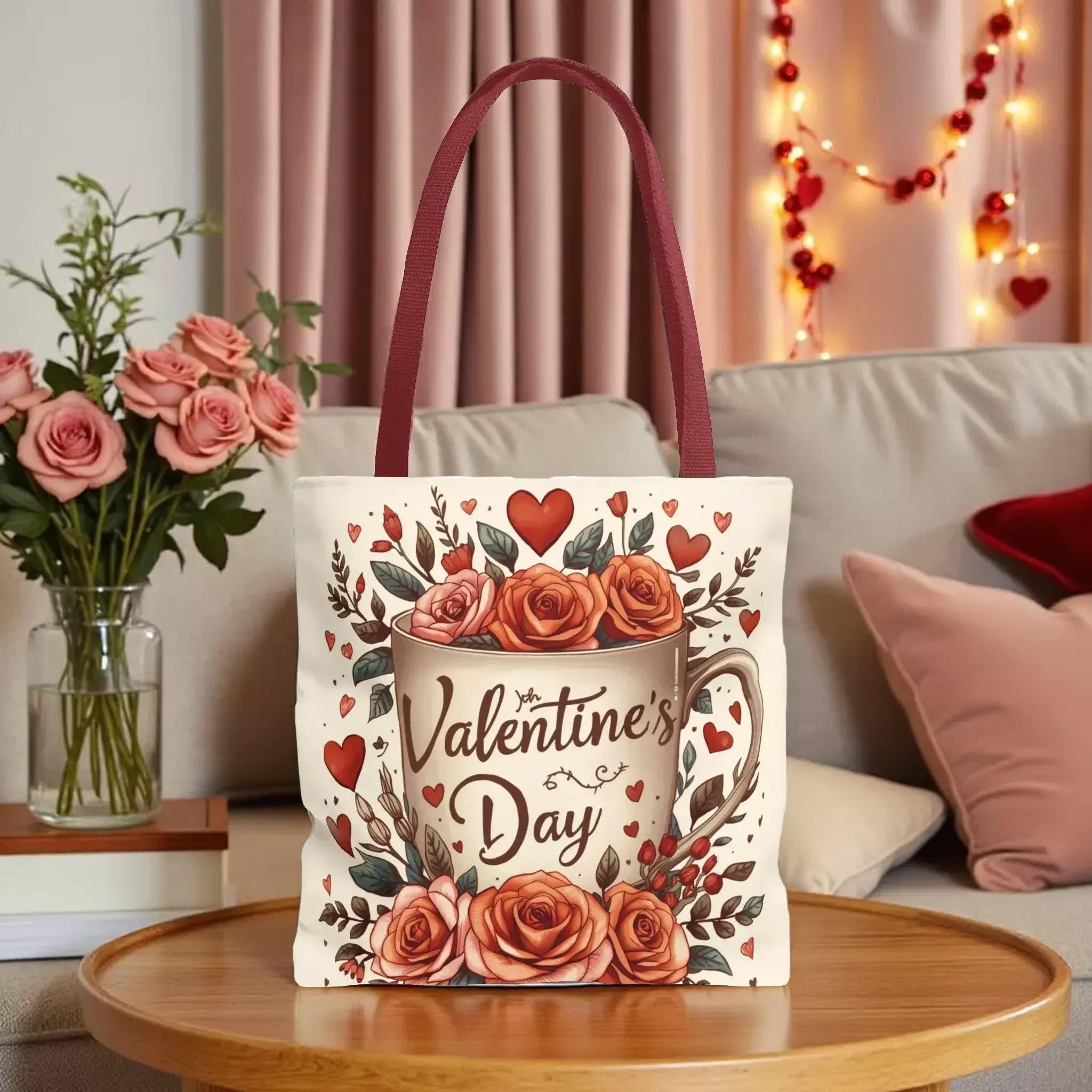 Valentine's Day Floral Mug Tote Bag Book Lover Shopping Carryall Three Sizes - Zestily