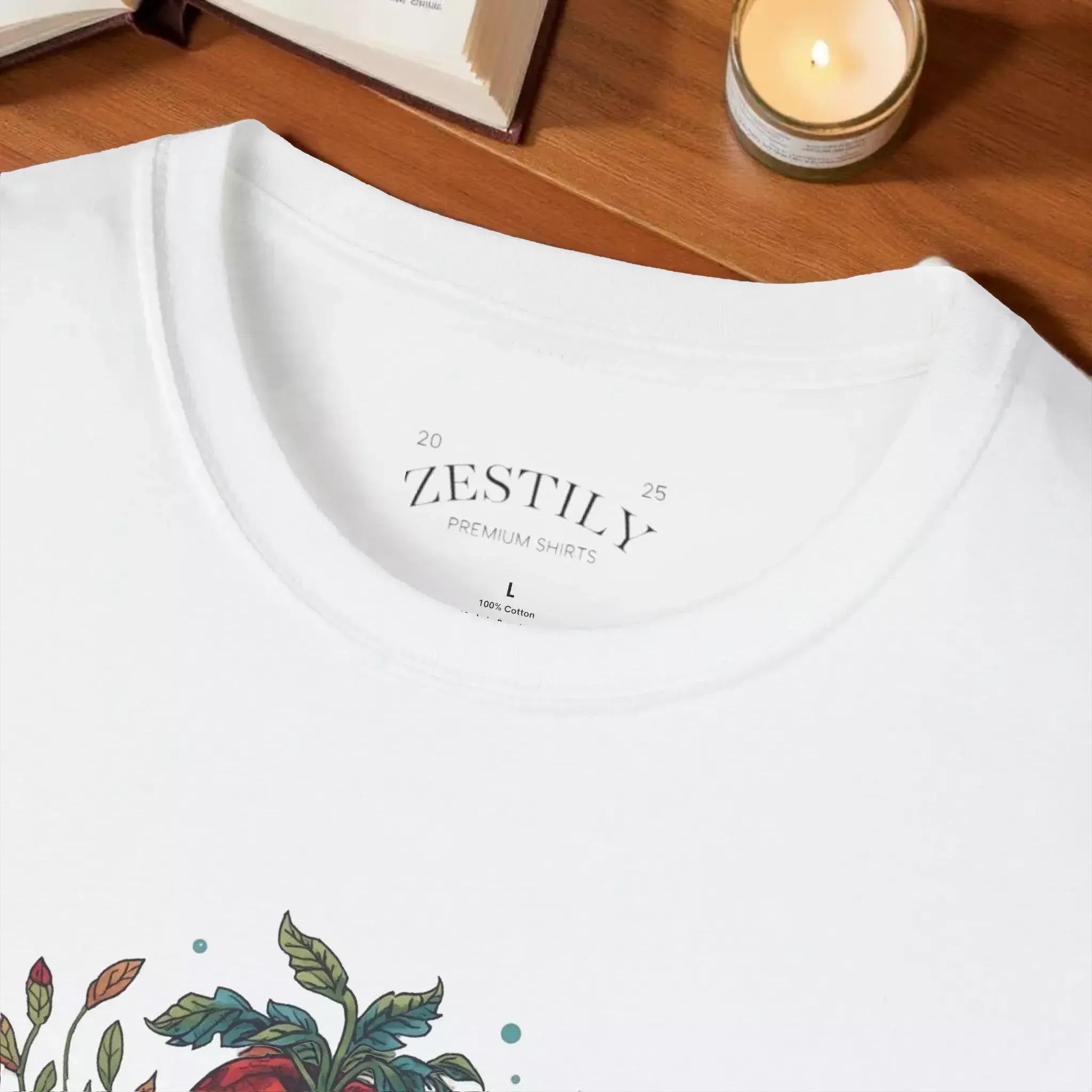 a white t-shirt with a label that reads "ZESTILY 25 PREMIUM SHIRTS" and features a graphic design of leaves and flowers.