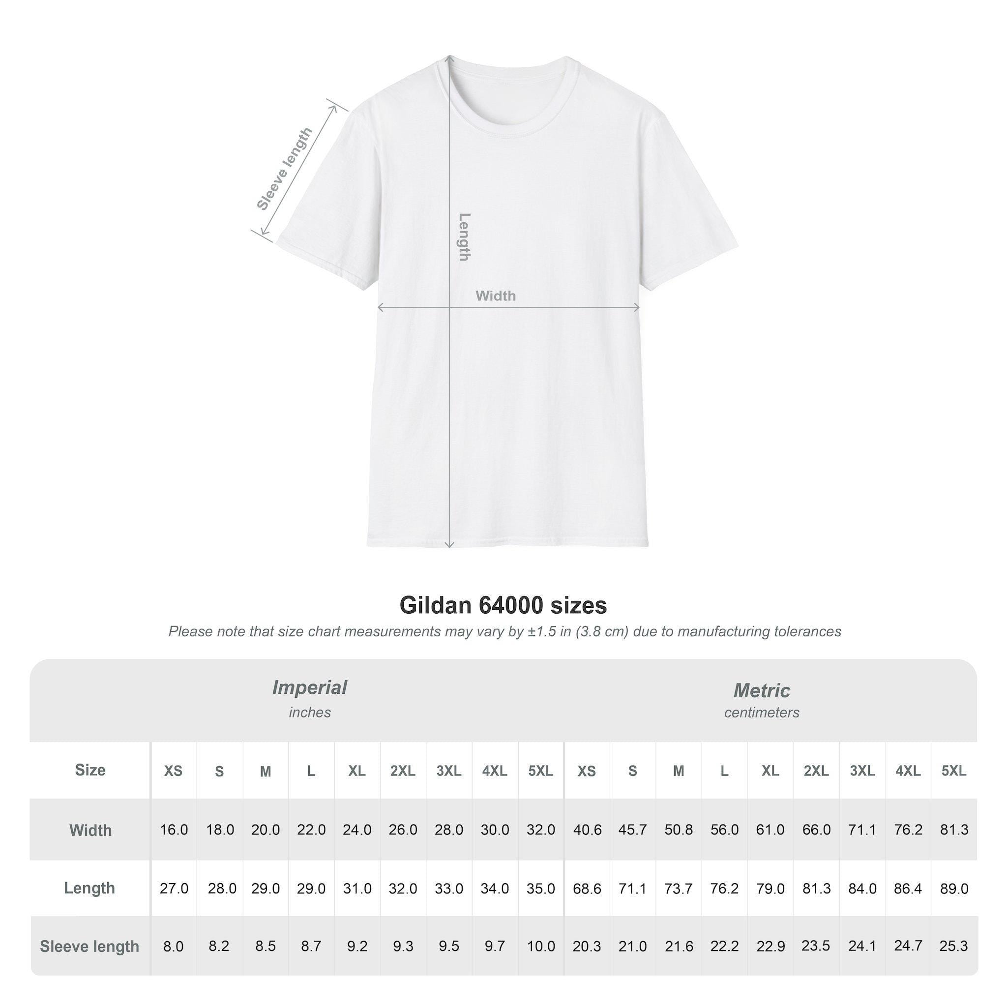 a white t-shirt with measurements and sizes listed below it.