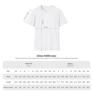 a white t-shirt with measurements and sizes listed below it.