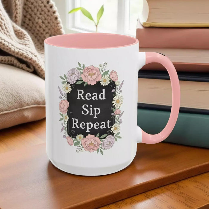 Read Sip Repeat Floral Accent Book Lover Reader Coffee Mug (11/15oz)