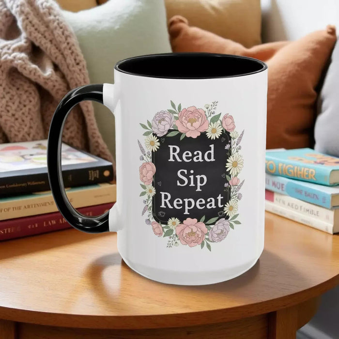 Read Sip Repeat Floral Accent Book Lover Reader Coffee Mug (11/15oz)