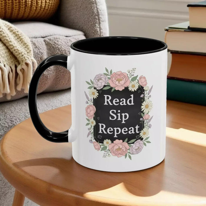 Read Sip Repeat Floral Accent Book Lover Reader Coffee Mug (11/15oz)