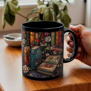 A black mug with a colorful, illustrated design depicting a variety of books, flowers, and other objects.